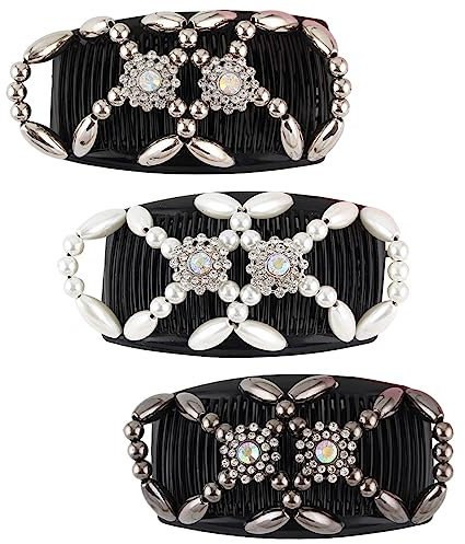 Kytpyi haarkamm zum stecken, haarkamm, 3 Stück magische elastische Perlen-Haarkämme mit doppelten Clips, doppelseitige Clips Haarkamm für Frauen und Mädchen, DIY-Haarstyling Haar-Accessoires (Blumen)