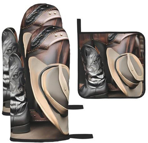Cappello da cowboy, guanti e presine, con cappello nero, guanti e presine, set da 3 pezzi per cucinare e grigliare, regalo di Natale per la festa della mamma