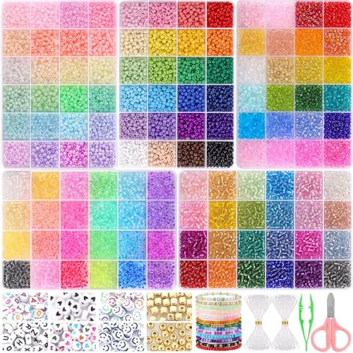 Funtopia 13000 Stück + Schmuck-Rocailles-Perlen: 4 mm, 5 Arten, 120 Farben; DIY-Armbänder, Perlen-Set mit Alphabet- und Lächelgesicht-Optionen
