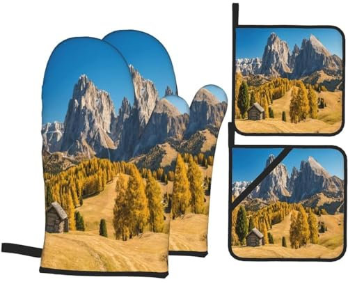 Oven Mitts And Pot Holders Sets, Lovely Hut Pattern Kitchen Oven Glove and Potholder 4 Pcs For Baking Bbq