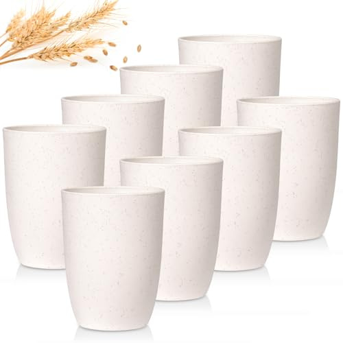 GENLGE 12 OZ Wheat Straw Cups Reusable Drinking Tumblers, Unbreakable Cups for Kitchen - BPA Free, Dishwasher Safe, Set of 8, White