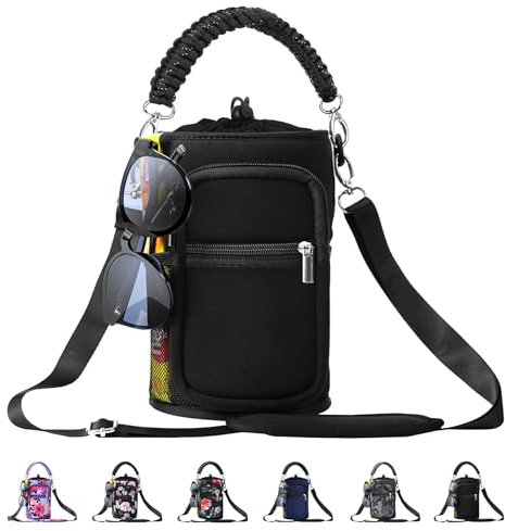 AceTreker Wasserflaschenhülle, Neopren-Wasserflaschenhalter mit Gurt und Paracord-Griff, Sport-Metall-Flaschenträger mit 5 Taschen für Reisen, Wandern, Camping, Schwarz