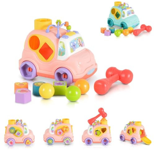 Moni Sortierspiel Auto, Musik Licht, 4 Formen, Hammer, Motorikschleife, 3 Bälle rosa