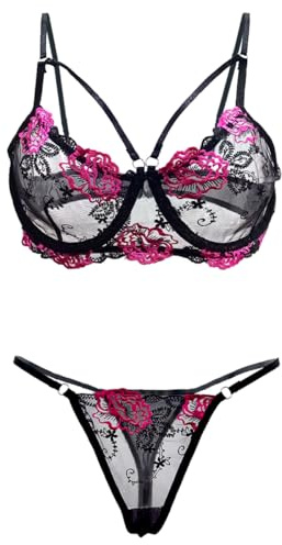 Satohom Women’s Sexy Rose Embroidered Lingerie Sets 2 PCS Mesh Floral Underwire Bra with String See Through Adjustable Straps Underwear V-Neck Push Up Nightwear Naughty Teddy Babydoll, S-XL