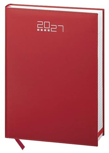 pubblimania Tageskalender 2027 MAXI A4 Professionell - 21x29,7 cm - 400 Seiten - Samstag & Sonntag auf getrennten Seiten - Soft-Touch Kunstleder ROT - Mehrsprachig (DE/IT/GB/FR) (Maxi Rot)