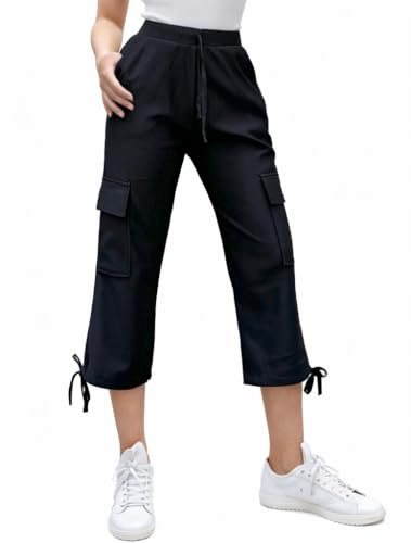 Nuofengkudu Atlético Piratas Pantalones Capri Mujer Deporte Cargo 6 Bolsillos Cordón Cintura Elastica 3/4 Pantalon Chandal Verano Pantalón Ancho Cropped Casual Tres Cuartos Jogger Deportivo Negro S