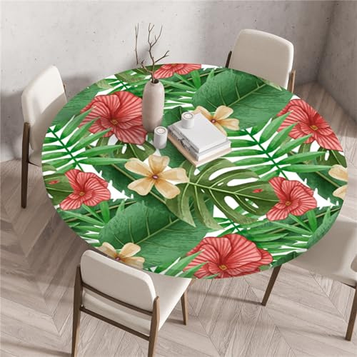 Morbuy Elastische Tischdecke Rund Wasserdicht, Monstera Blätter Tropisch Stil Tischdecke mit Gummizug Rund Tischdecken Tischtuch Abwischbar Gartentischdecken (Durchmesser 80cm,Rote Blumen)