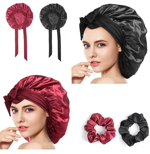 Romon Satin Haarhaube, 4 Stück Schlafhaube Seide Schlafmütze Bonnet Nacht Schlaf Mütze Verstellbare Schlafkappe Kopfbedeckung Weiche Kopfhaube mit Gummizug für Damen und Mädchen