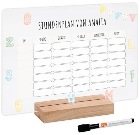 Bärenfreunde® - Personalisierbarer & Abwaschbarer Stundenplan aus Acryl + Stift, Holzhalter - Einschulung Geschenk, Schultüte zum Schulanfang oder Grundschule (Zahlen Buchstaben,ohne Holzhalter)