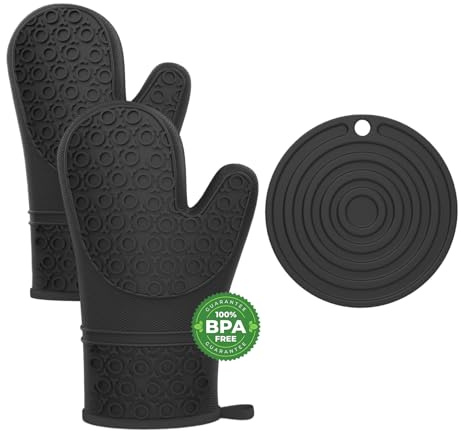 Gants de Four, Gants de Cuisine Anti Chaleur, Maniques Cuisine et Gants en Silicone Lot de 3, Antidérapants et Résistants à Haute Température pour la Pâtisserie, BBQ, et Cuisson, Noir