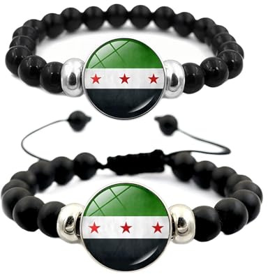 ZENRUIMING Armband mit syrischer Flagge, schwarze Perlen, handgefertigt, Stretch-Seil, Outdoor-Sportarmband, 2 Stück, Adjustable, Harz Glas, Kein Edelstein
