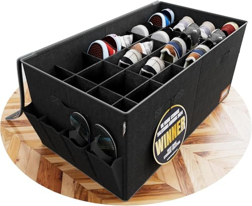 Tydi XXL Shoe Storage Box, 24 Compartments, Black | Ultra-stiff Build · Zippable Clear Cover · Side Pockets and Carry Handles · Space-saving Design