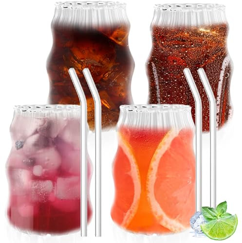 4 bicchieri per latte macchiato, 530 ml, set di bicchieri da caffè a coste, con 4 cannucce, cappuccino, tazze da caffè, tazze da caffè e caffè