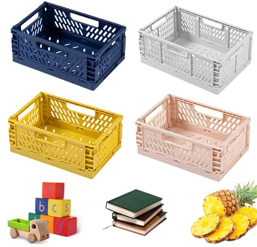 Ksvaye 4PCS Mini Cassetta Pieghevole in Plastica Robusta Impilabile Cassette Plastica Scatola Pieghevole Colorata per Casa, Ufficio, Negozio, Scuola, 22*14.7*9.3CM