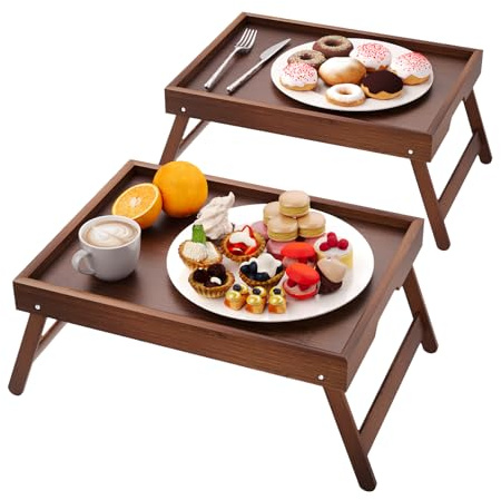 Fibogollo 2 Pack Bamboo Bed Tray Table with Folding Legs,Breakfast Trays,Serving Tray for Food and Snack,Laptop Trays for Working(Brown)