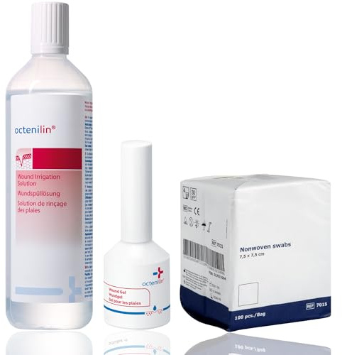 Complete Wound Care Kit - Featuring Octenilin Irrigation Solution 350ml, Octenilin Wound Gel 20ml & 100 Premium 7.5x7.5cm Gauze Swabs for Gentle Application.