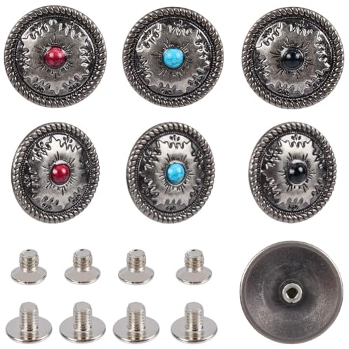 CRASPIRE 12 Sets/Box Screw Back Button Oval 3 Colors Turquoise Silver Metal Western Conchos Rivets Studs Buckles Vintage Decorative Flat Gemstone Antique for DIY Leather Crafts Belt Purse Hat Decor