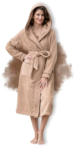 ELEVAVIDA Peignoir femme avec capuche en coton doux beige – ultra confortable et moelleux – Taille M – Peignoir de bain long en éponge brun clair 400 g/m2 - Certifié OEKO-TEX