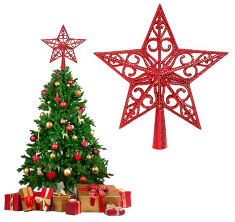 BUKCYUE Christbaumspitze Stern, Weihnachtsbaumspitzen Beleuchtete Bäume, Anhänger-Ornament Weihnachtsbaumspitze, Wird für Indoor- und Outdoor-Festivals, Partydekorationen verwendet, Rot
