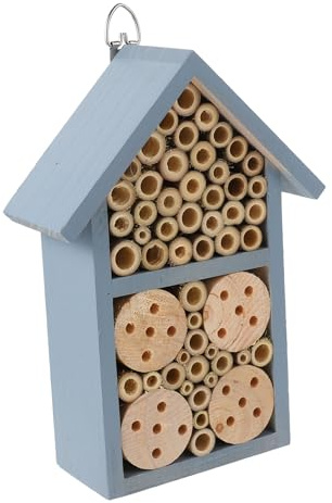 BCOATH Wooden Bee Nest House with Wrought Iron Hook Painted Blue Outdoor Insect Shelter for Garden Decoration Hanging Solitary Bee Cabin Natural Pollinator Habitat