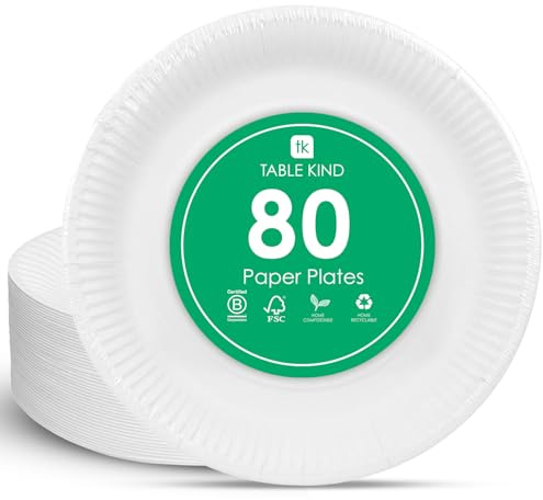 Table Kind Lot de 80 assiettes en papier blanches jetables de 22 cm pour barbecues, traiteurs, buffets d'anniversaires et de mariages, food trucks, camping, fêtes et événements comme la Coupe du Monde