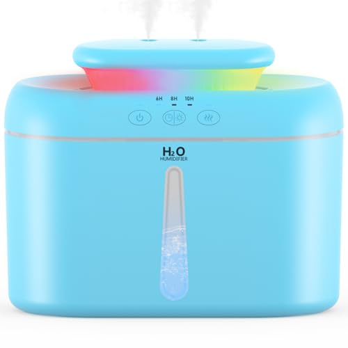 LKV Umidificatore, 2L Umidificatore Ambiente Bambini con Ugello a due vie con Timer Funzione di Autospegnimento e Luce Notturna Silenzioso, Humidifier casa per Bambini Piante e uso Domestico, Blu