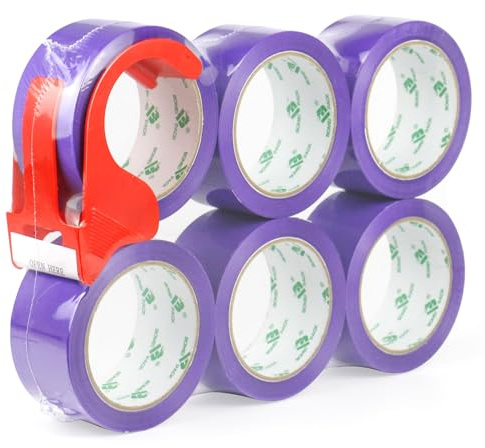 BOMEI PACK Purple Packing Tape 6Rolls 48mm x 66m with dispenser Durable Heavy Duty Packaging tape for Shipping Moving Boxes&Office Use -Strong Adheisve Parcel Tape for Cartons Mailing&Storage