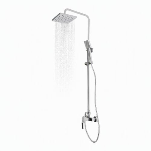 Fyssnn Kit complet de douche à effet pluie, avec mitigeur monocommande et 2 types de jet, barre de douche réglable en hauteur de 70 à 110 cm, avec pommeau de douche carré de 20 cm, argenté