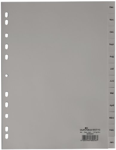 Durable Monatsregister umgekehrter Ablauf (A4, geprägte Taben Dez-Jan, 12-teilig, Universallochung) 25 Stück, grau, 650710