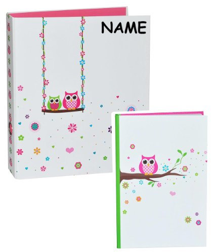 alles-meine.de GmbH 2 TLG. Set: Ringordner + Tagebuch/Notizbuch - Eulen Blumen Blüte - incl. Name - A5 blanko Hardcover - Erwachsene Jugendliche Mädchen Jungen Kinder