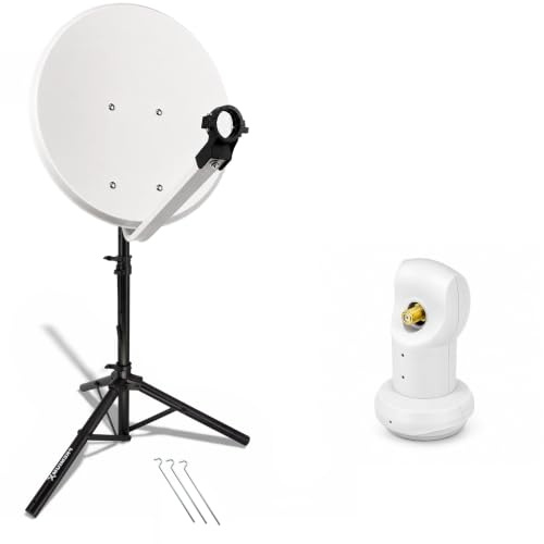 PremiumX Mobile Camping Satelliten-Komplettanlage 60cm Antenne SAT Single LNB 4K Ständer Dreibein-Stativ inkl. Stahl-Heringe