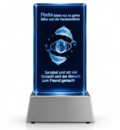 Kaltner Präsente Stimmungslicht - Das perfekte Geschenk: LED Kerze/Kristall Glasblock / 3D-Laser-Gravur Horoskop Sternzeichen Fische Astrologie