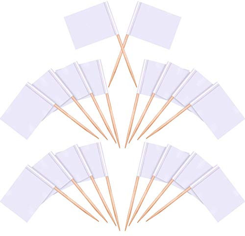 Febbya Palillos de Dientes con Bandera Blanco,100 PCS Etiquetas Pequeñas para Magdalenas Decorar Tartas Bocadillos Cumpleaños Boda Fiesta de Bienvenida