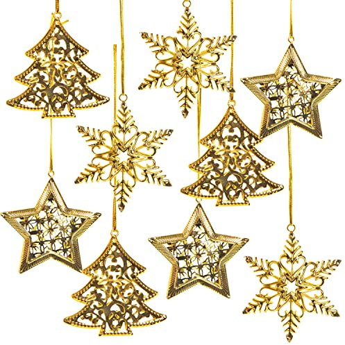 Weihnachtsanhänger Gold 9 Stück – Sterne, Schneeflocken & Tannenbäume aus Metall 6-8 cm – Baumschmuck, Geschenkdeko, Flaschenanhänger – Logbuch-Verlag