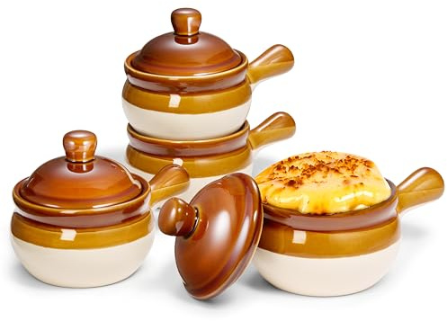 KooK French Onion Soup Crocks, Ceramic Bowls with Lids, Large Handles, Oven & Microwave Safe, Brown/White, Set of 4, 15 oz