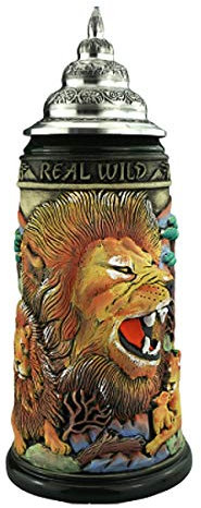 King German Beer Stein Lion Stein ''The Mighty One'', 0.75 Liter tankard, Beer Mug, Rustic, Hand-Painted, with Pewter lid