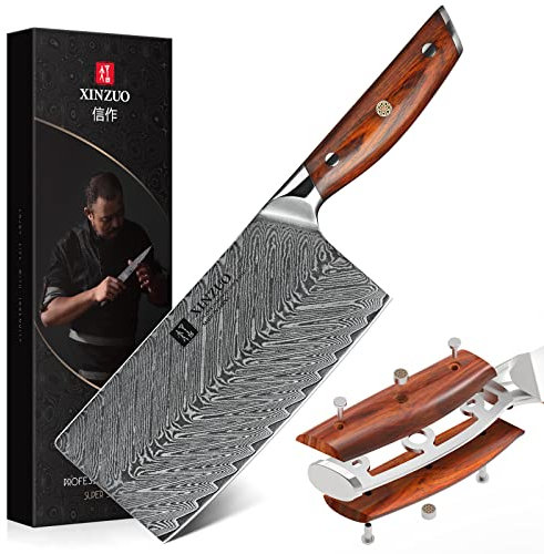 XINZUO Damaststahl 18cm Hackmesser, Profi Hackbeil Scharfe Klinge Chinesisches Kochmesser, Edelstahl mit hohem Kohlenstoffgehalt Küchenmesser, Ergonomischer Rosenholz Griff – Yi Serie