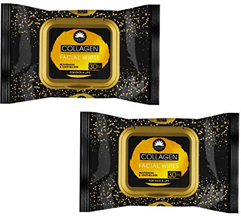 2 Pack Collagen Infused Face Wipes Sensitive Skin Clean Facial Daily Aloe Vera Extract Rejuvenate Soothe Moisturising Skin for Women & Men Makeup Remover 60 Wipes