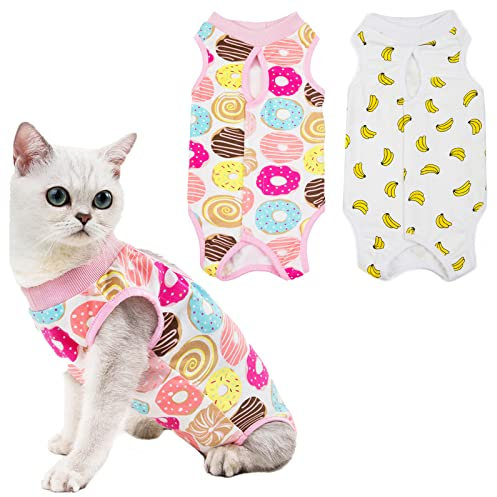 HACRAHO Katzen-Genesungsanzug, 2 Stück, chirurgische Erholungsanzug, Haustier-Kegel, Alternative für kleine, mittelgroße Haustiere, Banane und Donut, L
