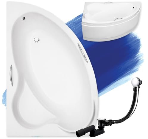 BADLAND Badewanne Original Weiß Acryl Wanne Eckbadewanne ADA 160x100 Links KOMPLETTSET SET mit Weiß Acrylschürze + Füßen und Exklusive Chrom Automatik Ablaufgarnitur Made in EU 4in1