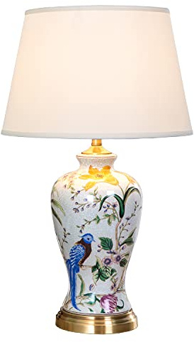 PSXPSXO White Flower & Bird Ceramic Table Lamp,Hand-Painted Chinoiserie Lamp, Fabric Lampshade Nightstand Lamp for Bedroom Living Room Office College Bookcase