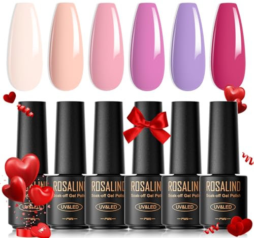 ROSALIND Smalto Semipermanente Unghie Pastello, 6 Colori Mini Estate Nudo Rosa Viola Gel Unghie Soak Off UV/LED Kit Nail Polish Manicure Regalo per DIY Manicure Salone