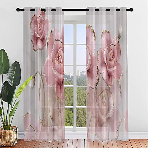 Hiseng Schiebegardinen Voile Vorhang Gardinen 2er Set, Rose Blume Druck Sheer Schiebevorhänge Lichtdurchlässig Flächenvorhänge für Wohnzimmer Schlafzimmer Fensterschal (140x244cm,Goldene Rose)