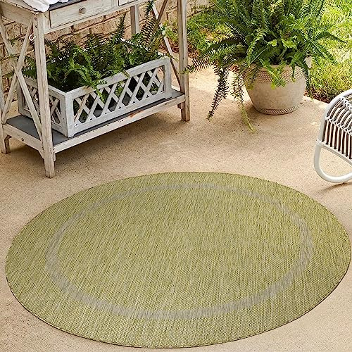 HomebyHome Outdoor Teppich Rund 160 cm Grün Bordüre Design Flachgewebe Wetterfest Waschbar für Wohnzimmer Schlafzimmer Esszimmer Balkon Terrasse Garten