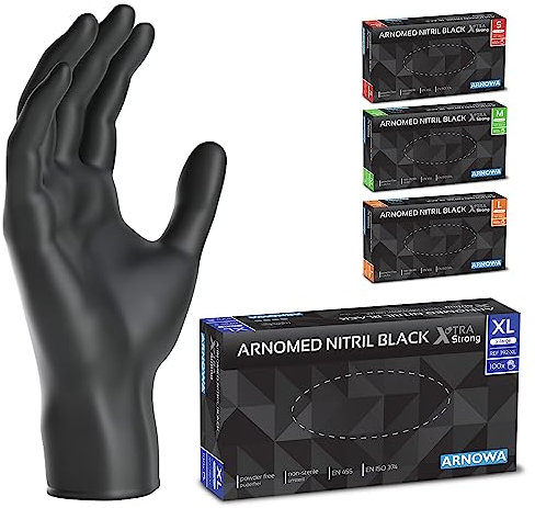 ARNOMED Guanti monouso nero extra forti, guanti in nitrile XL, guanti nitrile spessorati 50%, 100 pezzi/scatola, guanti nitrile senza polvere, guanti monouso nitrile senza lattice, taglie S, M, L & XL