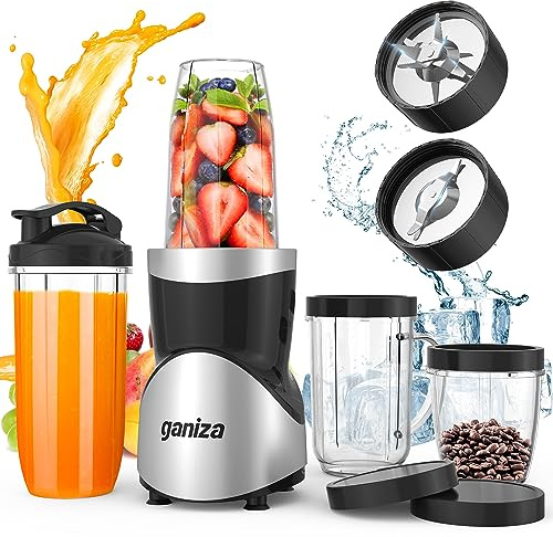 Ganiza Smoothie Blender, 900W Blenders for Shakes and Smoothies, 15-Piece Personal Blender and Grinder Combo for Kitchen, Smoothies Maker with 4 BPA-Free Portable Cup, Nutritious Recipe
