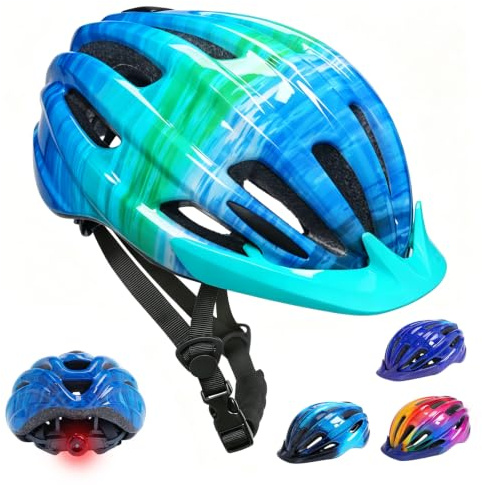 Kids Bike Helmet with LED Light, Boys Girls Bike Helmet Child Cycle Helmet Ages 5-13, Adjustable Childrens Bicycle Helmet Bicycle Scooter Skating Cycle Helmet 50-57cm