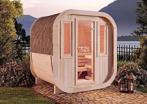 FinnTherm Fasssauna ScandiCube Mini XS Fasssauna 2 Sitzbänke aus Holz, Sauna mit 42 mm Wandstärke, Außensauna mit Montagematerial
