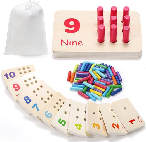 Suwimut Wooden Counting Peg Board, Kindergarten Math Manipulatives Number Counting Toys, Learning Activities Montessori Educational Toys for 3 4 5 Year Old Kids Boys Girls Gifts
