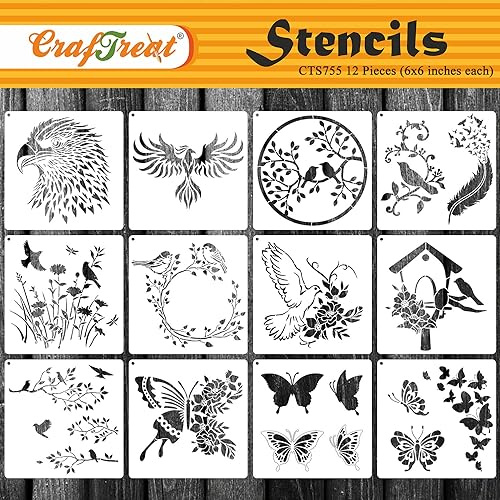 CrafTreat-Vögel und Schmetterling Schablonen (12 pcs) (6x6 cm) Schablonen zum Malen auf Holz, Wand, Fliesen, Leinwand, Papier, Stoff und Bodenschablone, wiederverwendbare DIY-Kunsthandwerksschablonen